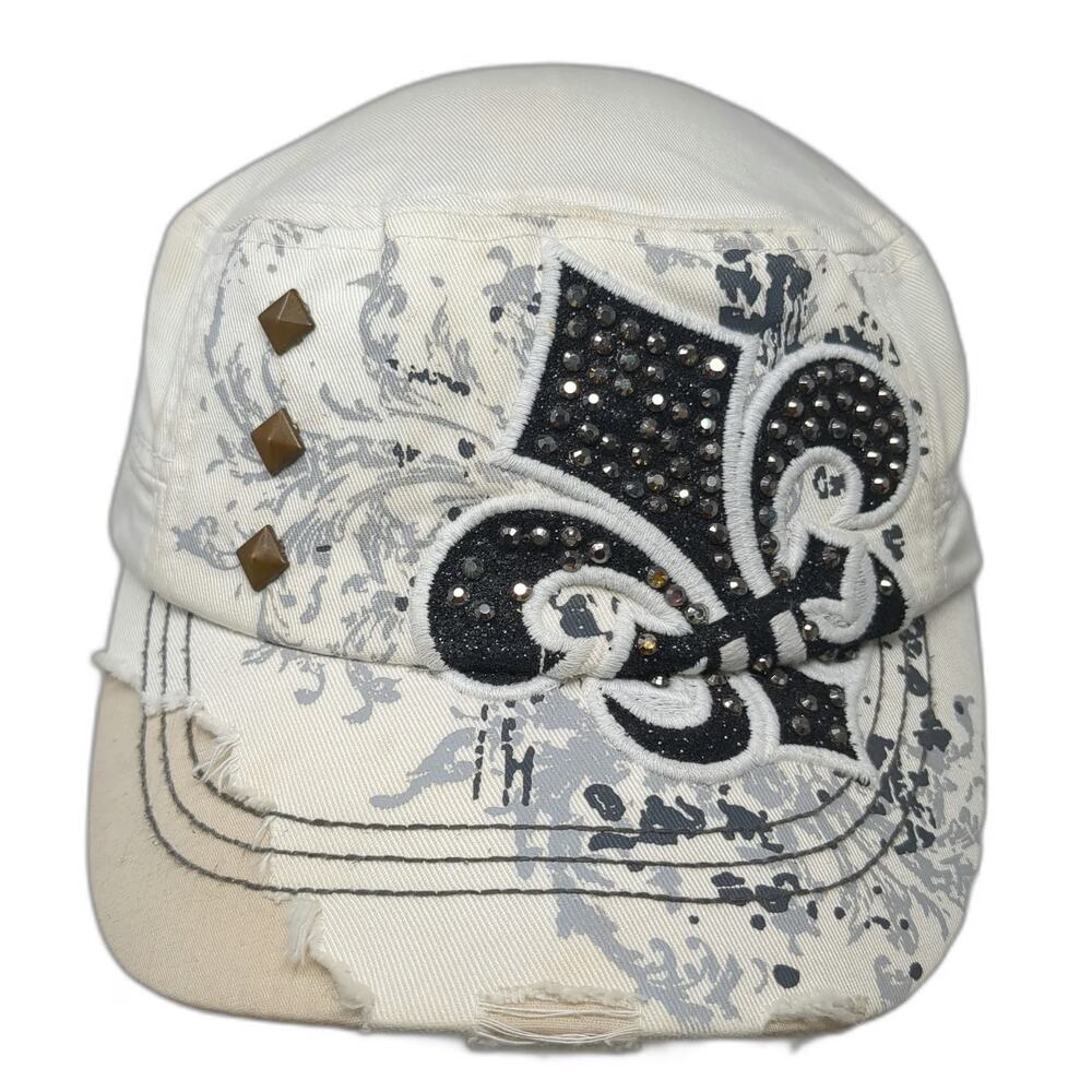 KB Ethos Army Cap White One Size Fleur De Lis Rhinestone Studded Distressed Hat